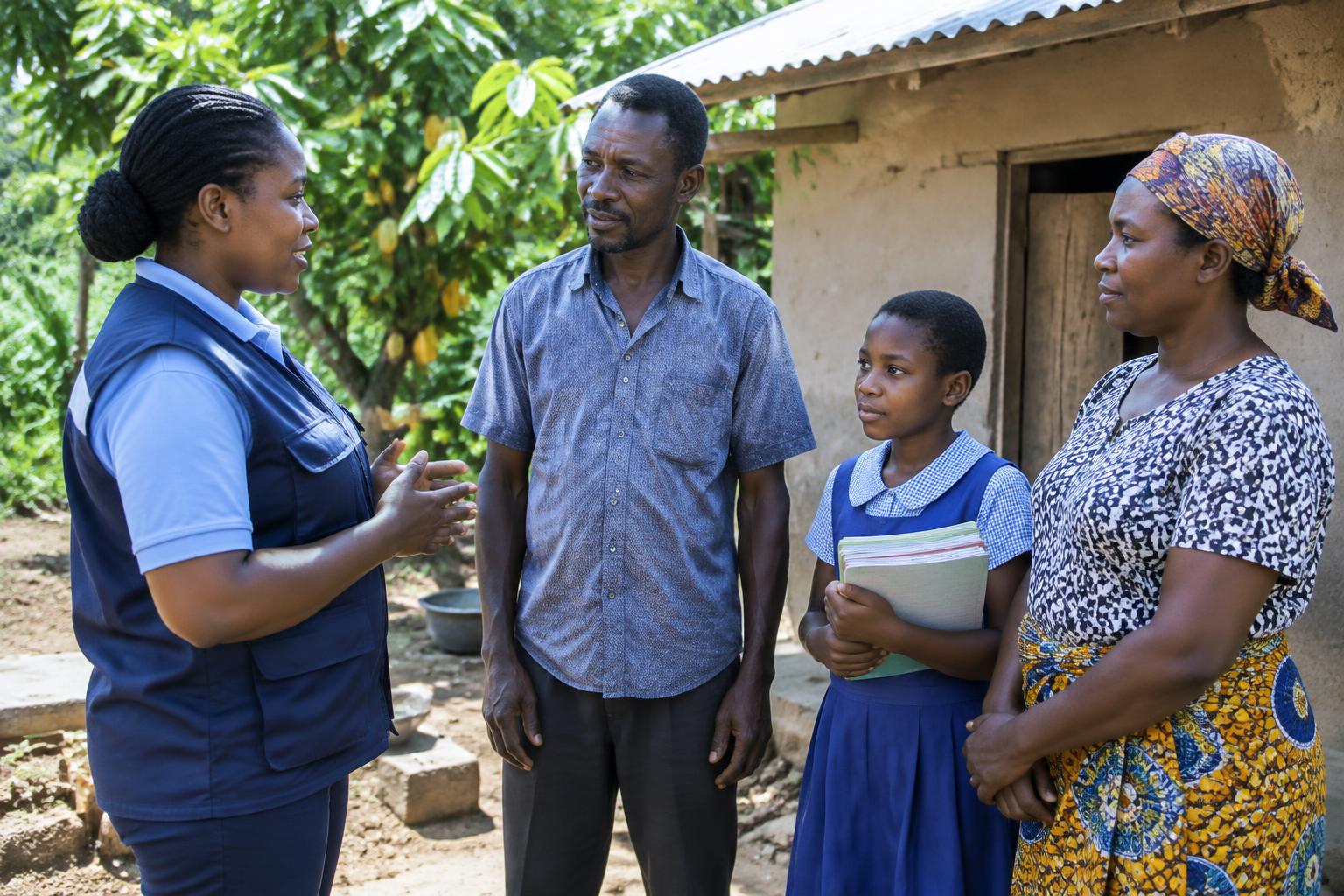 Illustration of a community officer discussing child protection with a family — AI-generated, not an actual Asetenapa photograph