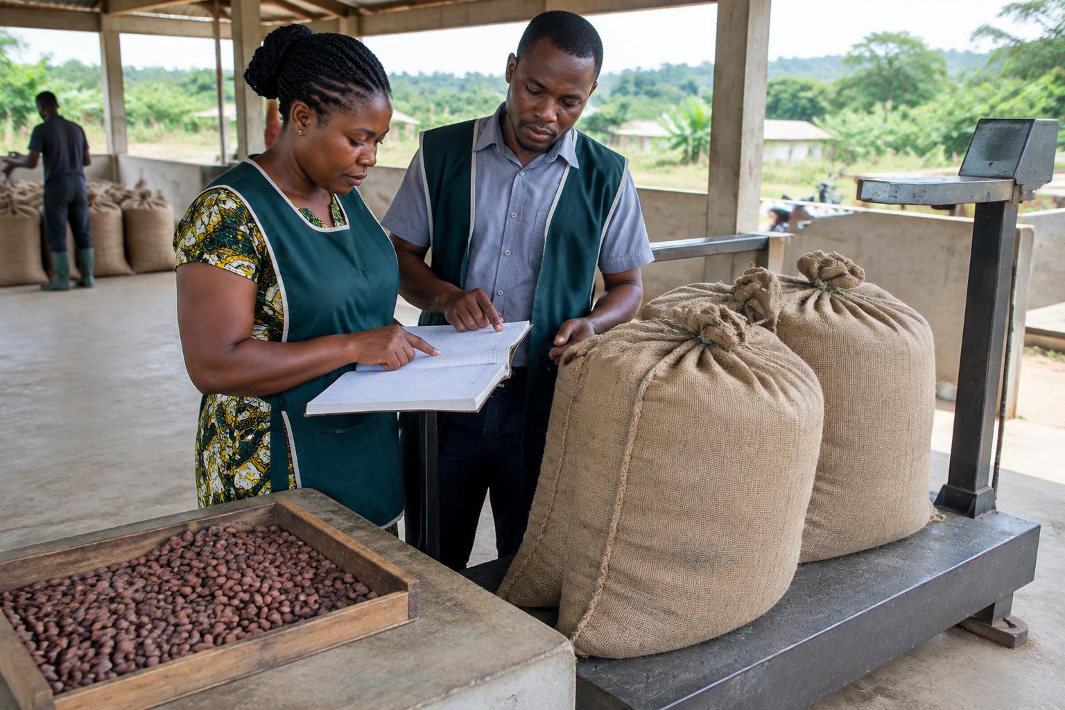 Illustration of cocoa collection clerks checking sacks and records — AI-generated, not an actual Asetenapa photograph
