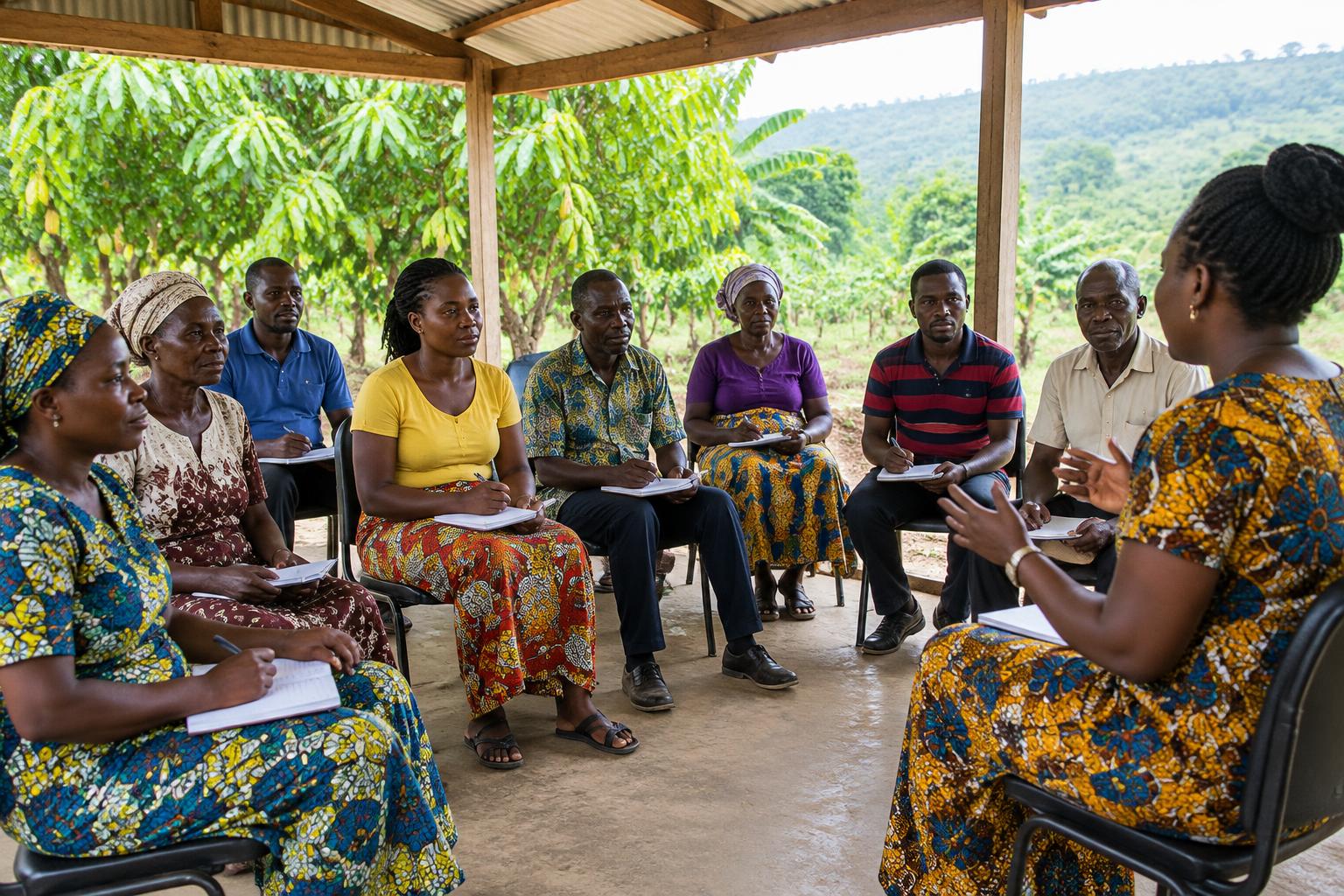 Illustration of adult community members attending a learning session — AI-generated, not an actual Asetenapa photograph