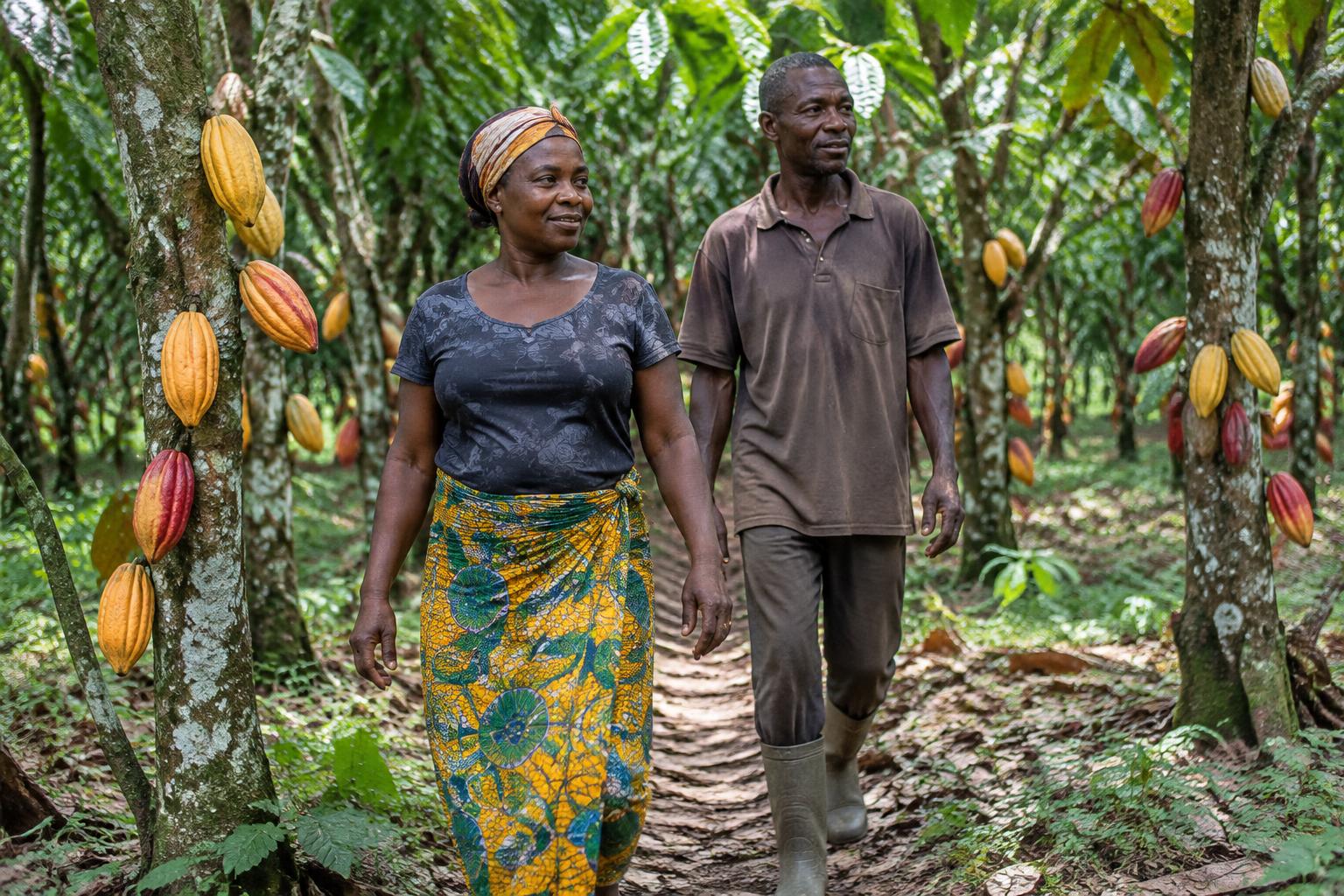 Illustration of adult farmers in a Ghanaian cocoa landscape — AI-generated, not an actual Asetenapa photograph