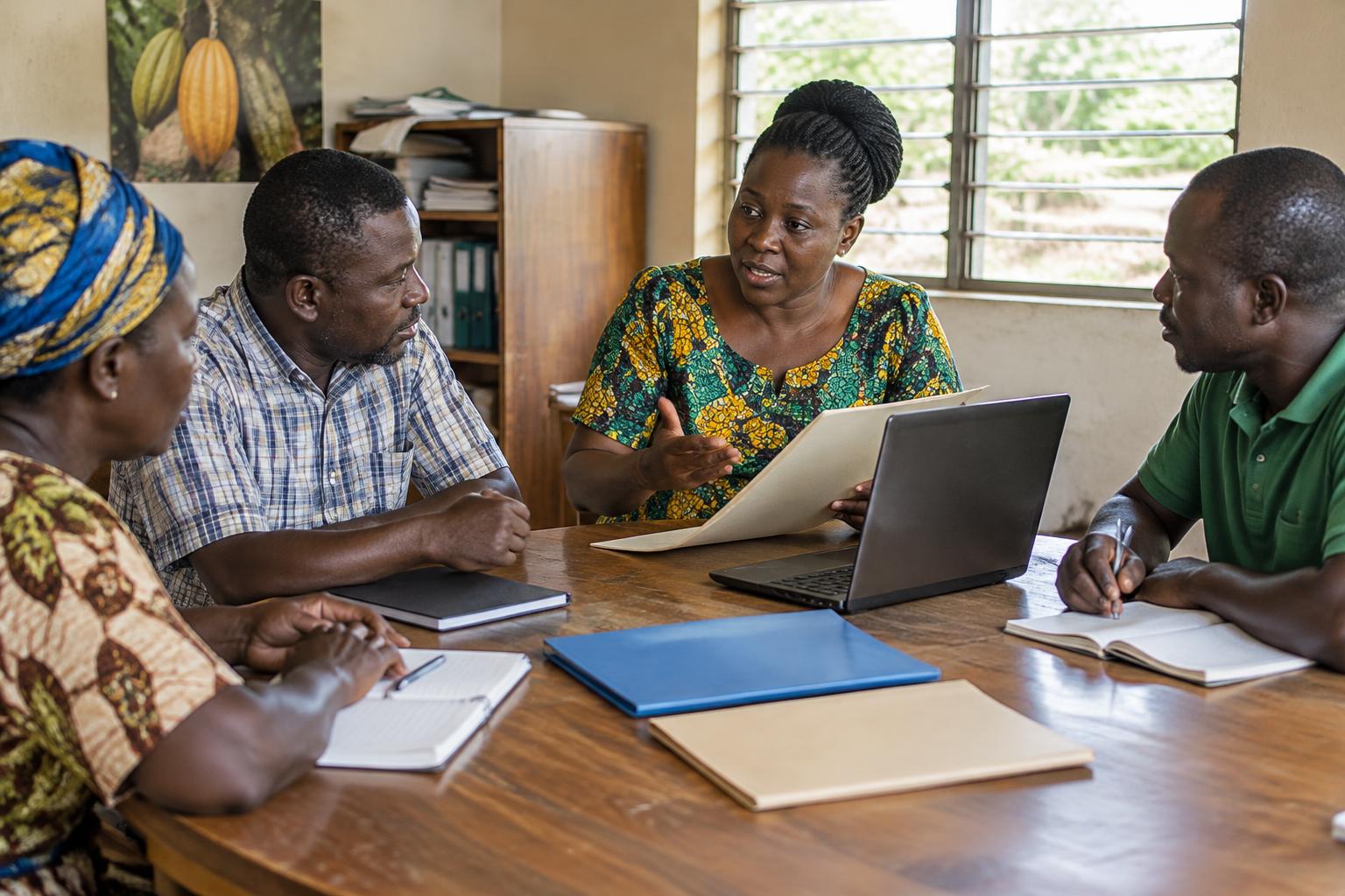 Illustration of cooperative representatives discussing a development proposal — AI-generated, not an actual Asetenapa photograph