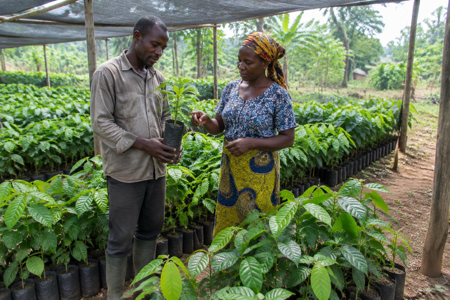 Illustration of farmers tending an agroforestry seedling nursery — AI-generated, not an actual Asetenapa photograph