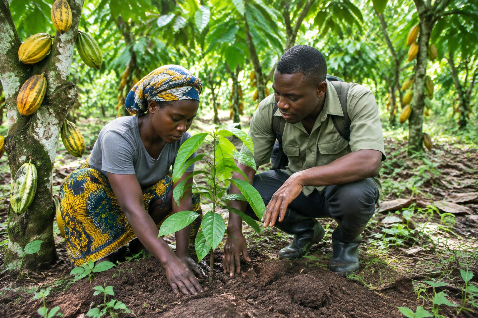 Illustration of a farmer and extension officer planting a shade tree — AI-generated, not an actual Asetenapa photograph