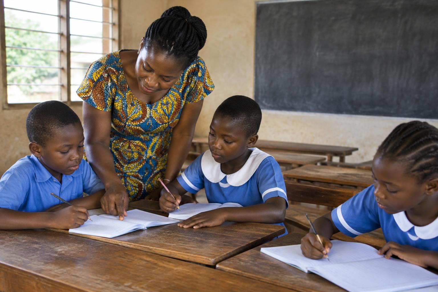 Illustration of a teacher supporting pupils in a classroom — AI-generated, not an actual Asetenapa photograph