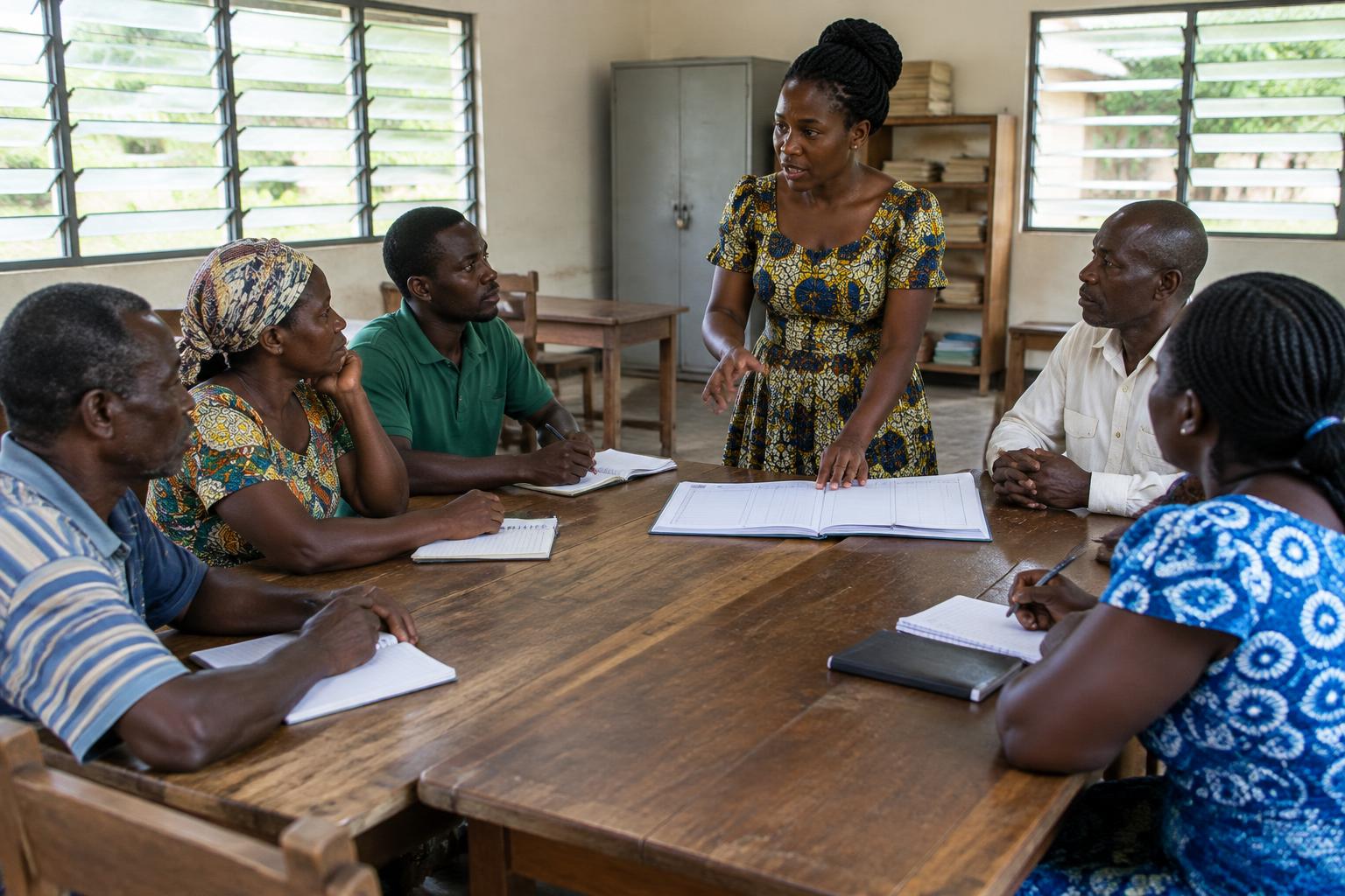 Illustration of cooperative members discussing governance and records — AI-generated, not an actual Asetenapa photograph