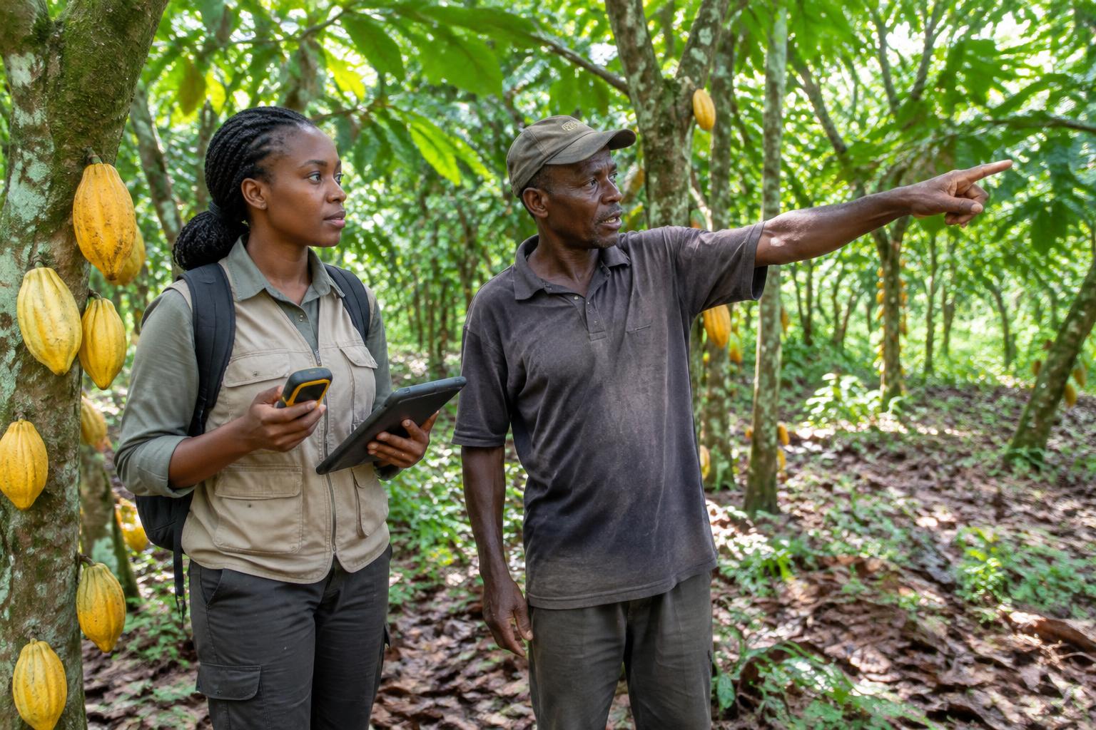 Illustration of a field officer using GPS to map a cocoa farm — AI-generated, not an actual Asetenapa photograph