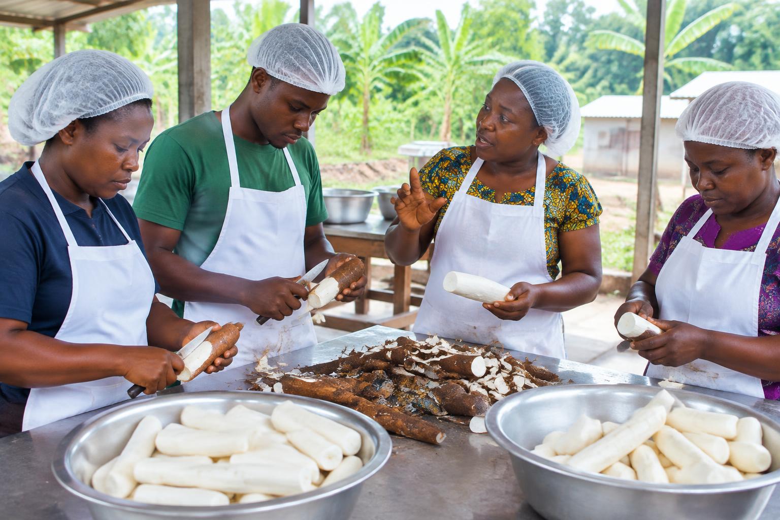 Illustration of adult participants learning cassava preparation — AI-generated, not an actual Asetenapa photograph